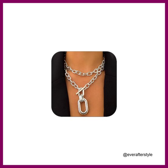 Jewelry - Chunky Layered Cuban Link Chain Necklace, Adjustable Lobster Claw Clasp